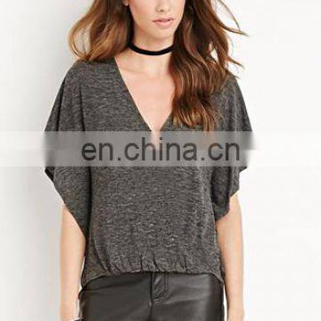 Fashion Women Summer Beautiful V-Neck Sex Pat Short Sleeve Cotton Gray T-Shirts