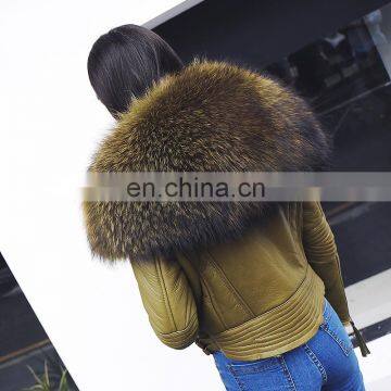 2017 Fashion Women Leather Jacket Raccoon Fur Collar Real Sheepskin Leather Coat Inside Fur