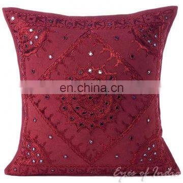 Burgundy Mirror Embroidered Boho Decorative Pillow Bohemian Cushion Cover - 16, 20, 24"