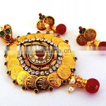 INDIAN GOLD PLATED PENDANT SET-SOUTH INDIAN TEMPLE JEWELLERY-IMITATION JEWELRY-BOLLYWOOD FASHION JEWELRY-GINNI JEWELRY