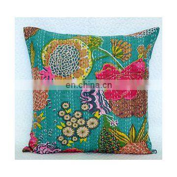 16* Handmade Kantha Cushion Pillow Cover Throw work Embroidery Indian floral print kantha Decorative Traditional Art Green