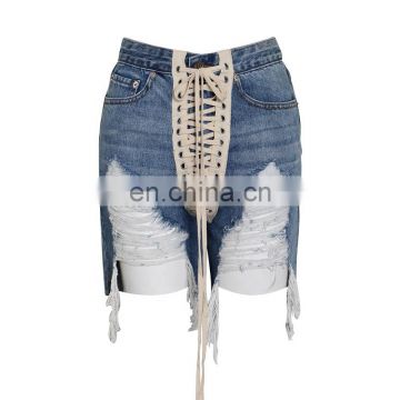 TWOTWINSTYLE Patchwork Cross Strap Denim Women's Shorts High Waist Hole Tassel Streetwear