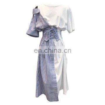 TWOTWINSTYLE O Neck Short Sleeve High Waist Stripe Patchwork Hit Color Women Shirt Dress photo-2