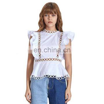 TWOTWINSTYLE Hollow Out Patchwork Sleeveless O Neck High Waist Ruffles Slim Women Blouse