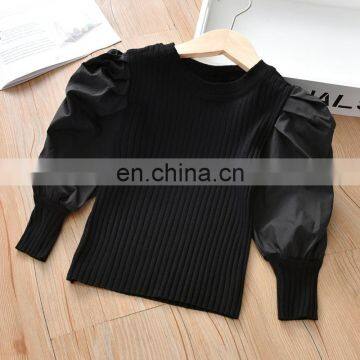 2021 Spring Autumn Black White Pure Cotton Girls Tops Puff Sleeves Patchwork Kids Shirts photo-3