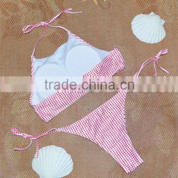 2016 Summer New Small Plaid Halter High Neck Bikini Set Crop Top Sey Thong Triangle Bottom Bandage Women Swimwears SwimSuit photo-4