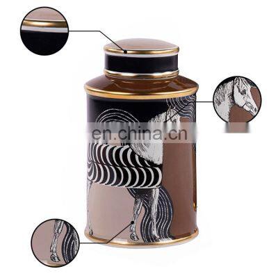 Retro Luxury Zebra Painting Brown Pottery Horse Ceramic Jar For Home Decor Accessories photo-2