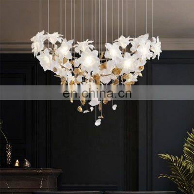 Modern Style Flower Custom Decorative Hotel Banquet Hall Hand Blown Glass Leaf Chandelier