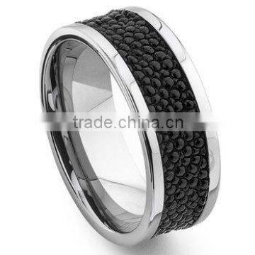 Tungsten Carbide Black Stingray Leather Band Ring, 2016 New Design Stingray Leather Ring