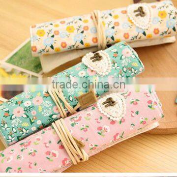 Cheap little flower canvas stationery pencil bag roll bag