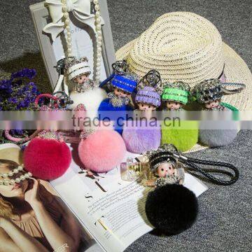 Crystal Monchichi Keychain real Rabbit's hair fur pom pom Monchhichi cartoon pompom Key chain ring women bag pendant