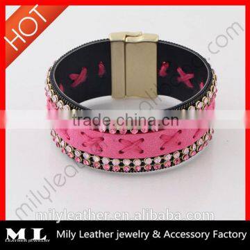 2014 Wholesale Leather rhinestone bracelet China Top 10 Fashion Jewelry Manufacture with supreme quality MLB 015