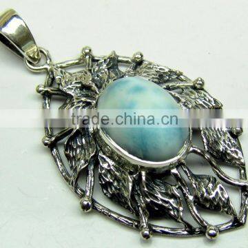 Larimar Oval Cabochon Oxidised Gemstone Pendant, 925 Solid Sterling Silver Pendants, Designer Casting Bezel Pendant