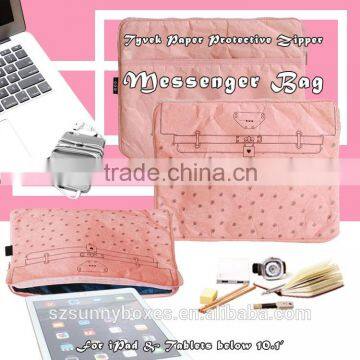 Pink Color Printed Tyvek Paper Zipper Laptop/Tablet Sleeve Bag With Back Pocket