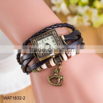 Black Leather Cord Ladies Bracelet Wrist Watch