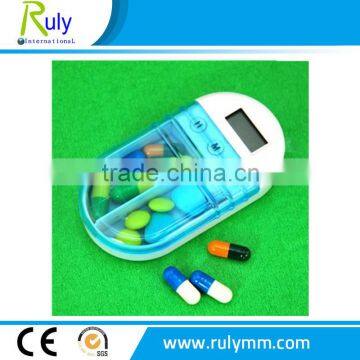 Hot selling plastic travel portable led pill box with alarm timer with two comparments for reminder
