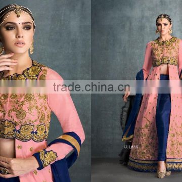 Lurid Patch Border Work Pink Banglori Silk Designer Suit/Online salwar kameez shopping