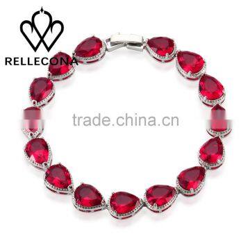 Rellecona (TM) ruby bracelet red heart shape cubic zirconia in gold plated wedding jewelry 7''