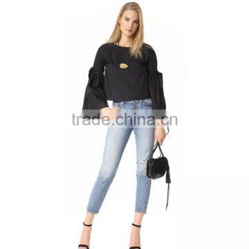 HAODUOYI Soild Black OL Women Blouse Round Neck Long Trumpet Bowknot Sleeve Silt Botton Hollow Out Back Lady Tops for Wholesale photo-2