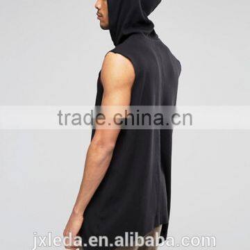 Comfortable Latest Design Fashion Black Oversized Sleeveless Hooded T-shirt Men Custom photo-2