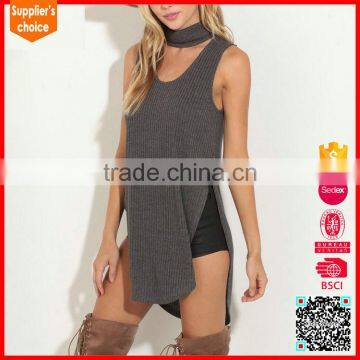 New design pullover with necklace sleeveless sexy club ribbed sweater women