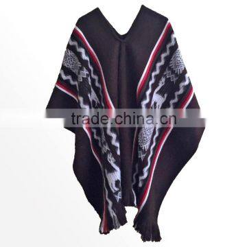 3/4 Sleeve Super Soft Warm Geometric Pattern 100% Llama Wool Poncho photo-4