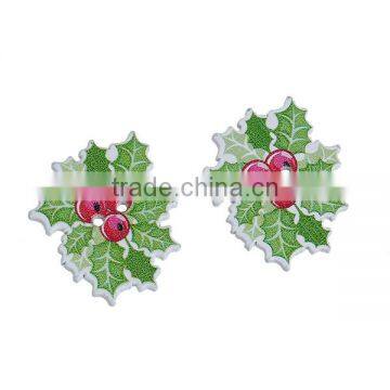 Wood Sewing Buttons Scrapbooking 2 Holes Leaf Red & Green Christmas Pattern