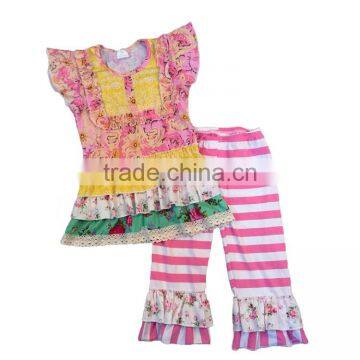 custom design baby clothes flutter sleeve top match stripe pants children clothing 2017 bulk wholesale kids clothing