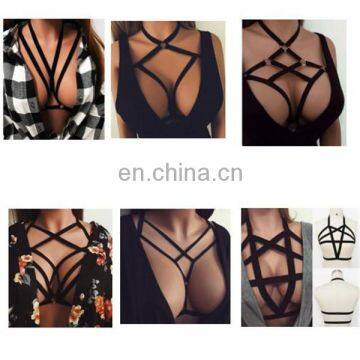 Womens Black Elastic Body Harness Bandage Bra Top Cross Crop Straps Lingerie