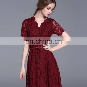 China products supplier short sleeve lace dress V-neck/ sexy dress summer dress burgundy color dress