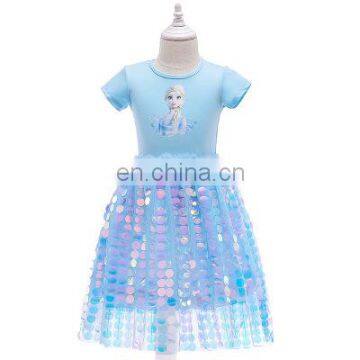 New Frozene Sequin Girls Dress Cartoon Elsa Anna Print Princess Dress Party Short Sleeve Dresses Birthday Gifts Kids Clothes