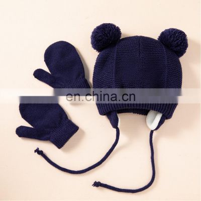 1-3 Years Hat Gloves Two Plush Balls Ropes Boys Girls Solid Color Knitted Kids Cap Gloves Set for Autumn Winter Warm Cap