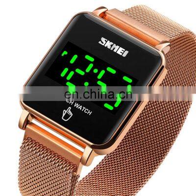 SKMEI 1744 Rose Gold Magnet Band Ladies Stainless Steel Mesh Women Square Digital LED Watch