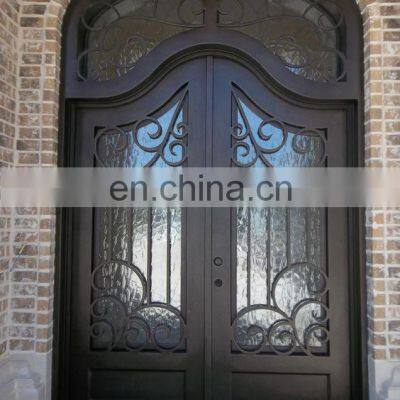 Used Entry Double Leaf Glass Main Front Gate Wrought Iron Door With Transom