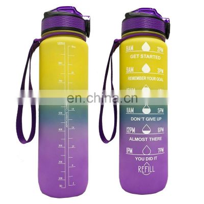 2021 ready to ship Food Grade Gradient Color Large Size Tritan Motivational Fitness 1L water bottle