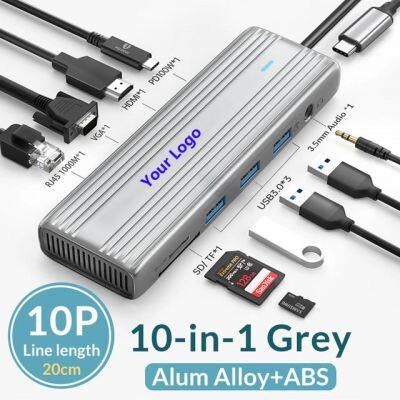 10 in 1 Ultimate USB Hub, 10 Ports with PD100W, 4K HDMI, VGA, 3.5mm Audio, Gigabit Ethernet, Gray