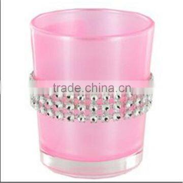 Hot Pink Glass Candle Holder with Faux Diamonds For Wedding & Table Decorations