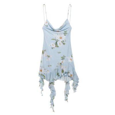 New Women's Fashion Printed Silk Mesh Short Dress with European and American Style