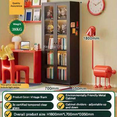 Adjustable Metal Glass Bookcase With 3C Certified Tempered Glass for Office Storage | Vintage Black - 2000mm Height 800mm Length