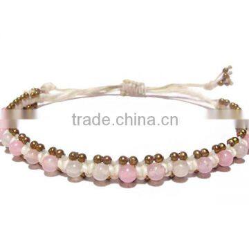 MMBR199A009 Handmade in Thailand Handwoven Rose Quartz Beaded Bracelet Boho Fashion Jewelry Semiprecious Stone Summer 2016