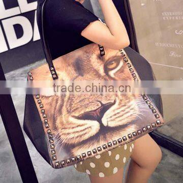 Ladies Cool Tiger Face Printing PU Shoulder Bags With Studded Rivet