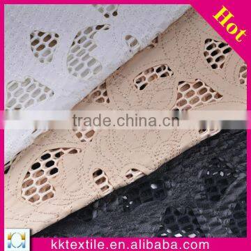 PU Coarse grid mesh fabric with applique floral embroidery on polyester fabric