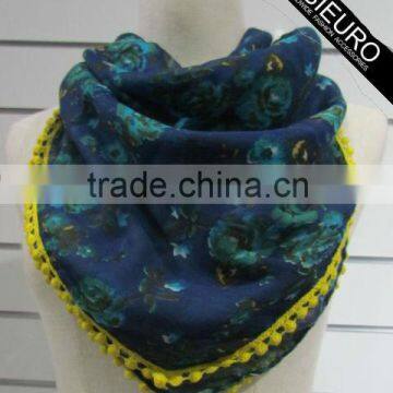 Squre Scarf Polyester Voile With Pompoms For Women Navy Color AZO Free BSCI and Sedex Audited