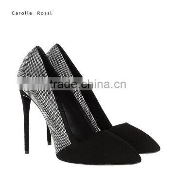 Handmde black suede hot fix rhinestone high heel pumps shoes