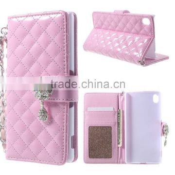 For Sony Xperia Z4 Wallet Leather Case Quilted Plaid Diamante Flower Pendant,For Sony Xperia Z4 Wallet Leather Case