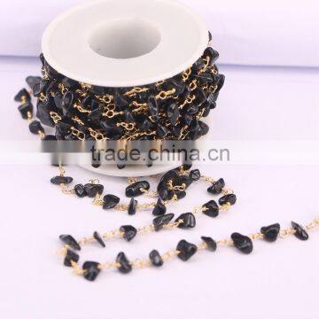 Black Stone Chip Beads Chain, Golden Plated Brass Wire Wrapped Rosary Style Chains Necklace Jewelry Findings Rosary Chain photo-2