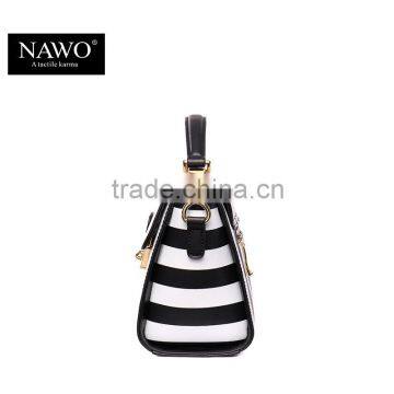 Striped Design Women Handbag Leather Tote Bag Lock Metal Buckle