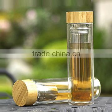 2016 New design wholesale promotion custom logo glass fruit/tea infuser water bottle BPA free with bamboo lid