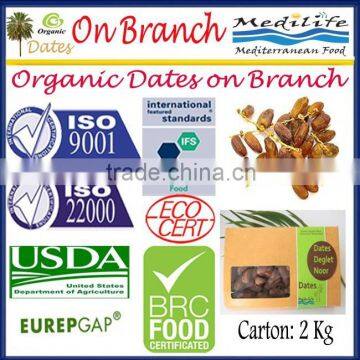 Organic Dates on Branch. Deglet Noor Dates On Branch. Organic Branched Dates 2 Kg Carton