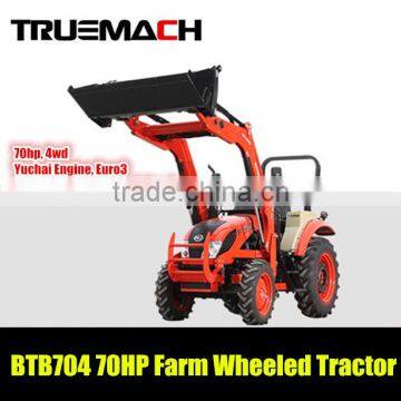 70hp 4wd farm wheeled tractor with front loader